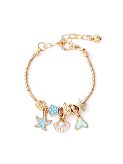 Trivaya 1pc Gold Ocean Style Women's Bracelet, Decorated With Sea Turtle, Starfish, Shell, Mermaid Tail Elements, Suitable For Summer Beach Vacation Wear, A Great Gift Choice