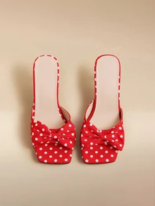 Glizzene Giày sandal cao gót mũi vuông thắt nơ cho nữ mùa xuân/hè, sandal quai ngang hở mũi gợi cảm. - Đỏ và trắng - Xem 2