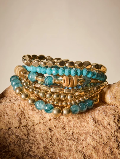 Tropiscape 9pcs Boho Beaded Colorful Blue Bracelets Set For Women, Suitable For Vacation, Beach And Daily Wear Cottagecore,SummerOutfit