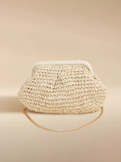 Glizzene 1pc Women's Summer Woven Crossbody Bag With Tassel Chain, Shoulder Paper Woven Beach Tote Bag, Handmade Wallet, 1pc Light Beige Paper Woven Clutch, Women Beach Bag, Perfect For Vacation, Ideal Choice For Fashionable Ladies