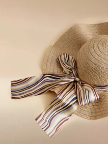Glizzene 1pc Khaki Wave-Striped Ribbon Bow Sun Hat For Women, Perfect For Beach Vacation, Elegant Sun Protection Cap - Khaki - View 5