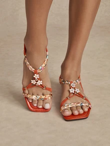 Tropiscape Women's Beaded Roman Bohemian Style Orange Flat Sandals For Beach Holiday,Boho Style,Spring Summer Outfits Cottagecore,SummerOutfit - Orange - View 2