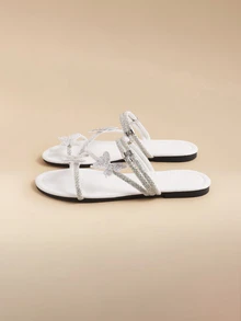 Glizzene Colorful Crystal Bow Tie Dual Wear Women Sandals, Slip-On Slide Flats Suitable For Outdoor, Party, Casual, French Fashion Style, Silver,Spring Summer Outfits - White - View 4