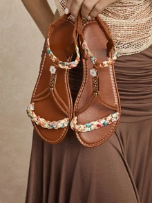 Tropiscape Sandal Manik-Manik Retro Wanita, Sandal Kasual Anyaman Datar untuk Luar Ruangan, Gaya Cottagecore, Pakaian Musim Panas - Karamel - View 2