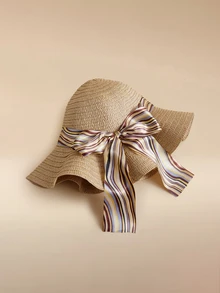 Glizzene 1pc Khaki Wave-Striped Ribbon Bow Sun Hat For Women, Perfect For Beach Vacation, Elegant Sun Protection Cap - Khaki - View 4