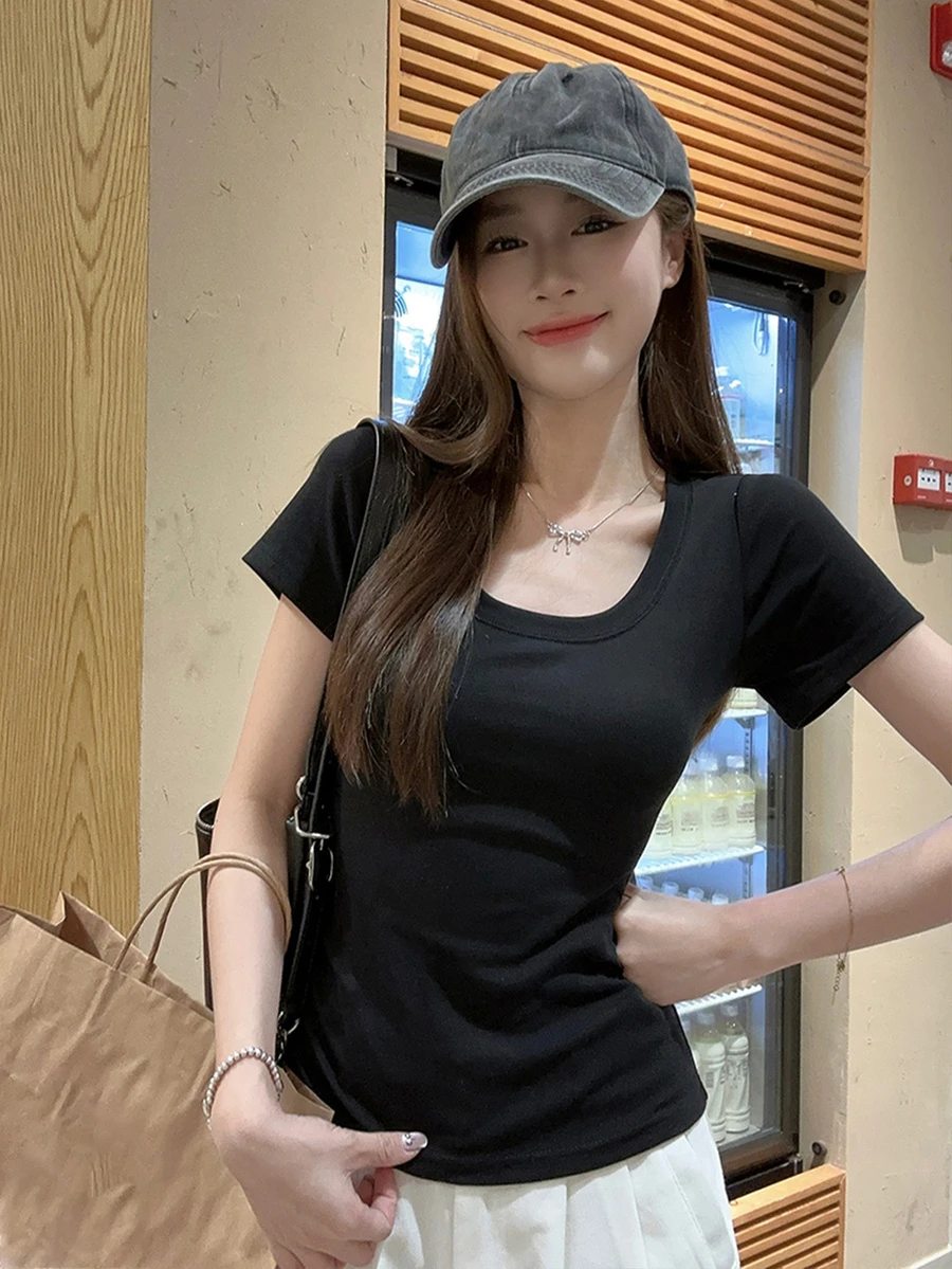 U-Neck All-Match Short Sleeve T-Shirt, Stretchy Slim Fit Solid Color Minimalist Top Casual Black Summer - Black - View 1