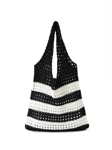 Trivaya Women's Aesthetic Contrast Color Knitted Shoulder Bag Hollow Out Stripe Tote Handbag Woven Female Fashion Accessory Hollow Out Tote Bag Shopping Bags Shoulder Bags Crochet Stripe Knitted Beach Bags Large Capacity Versatile Bags For Women - Black and White - View 2