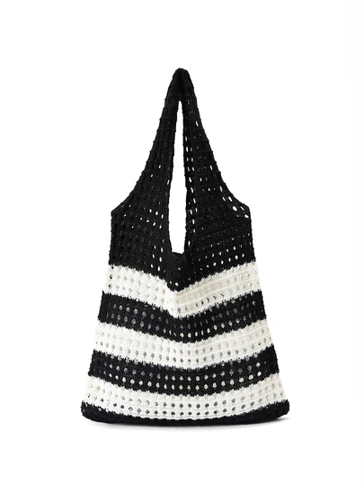 Trivaya Women's Aesthetic Contrast Color Knitted Shoulder Bag Hollow Out Stripe Tote Handbag Woven Female Fashion Accessory Hollow Out Tote Bag Shopping Bags Shoulder Bags Crochet Stripe Knitted Beach Bags Large Capacity Versatile Bags For Women