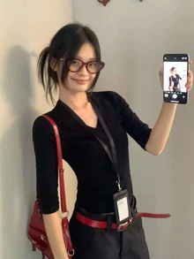 Áo lót cổ chữ V tay lỡ 3/4 ôm sát, áo thun dài tay nữ, áo crop top ngắn màu đen phong cách thường ngày mùa xuân - màu đen - Xem 2