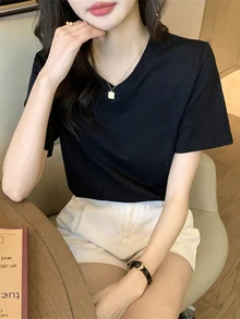 女士纯色简约V领短袖T恤，日常休闲黑色夏季款 - 黑色 - 查看 2