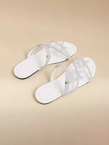 Glizzene Colorful Crystal Bow Tie Dual Wear Women Sandals, Slip-On Slide Flats Suitable For Outdoor, Party, Casual, French Fashion Style, Silver,Spring Summer Outfits - White - View 3