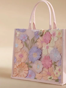 Glizzene 1 buah Tas Tote Linen Patchwork Jala Payet Warna-warni, Desain Bordir Bunga & Daun Modis, Tas Bahu Persegi Kapasitas Besar, Tas Belanja Liburan Pantai Kasual (Pola Bunga Didistribusikan Secara Acak), Tas Pantai, Pakaian Musim Panas - Berwarna merah muda - View 5