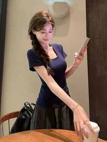U-Neck Short Sleeve T-Shirt, Stretchy Slim Fit Solid Color All-Match Tee Casual Summer - Navy Blue - View 2