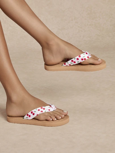 Tropiscape Women's Flat Sandals, Cherry Print Fashion Thick Sole Slippers, Summer Beach Shoes Cottagecore,SummerOutfit