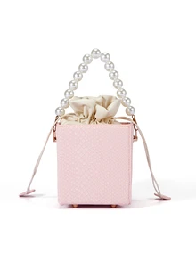 Mini Embossed Crocodile Skin Drawstring Acrylic Box, Fashion Drawstring Closure Pearl Handbag, Pearl Bag - Pink - View 3
