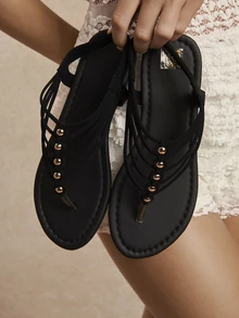 Tropiscape Sandálias Planas Boêmias de Couro PU com Tiras Elásticas de Cor Sólida, Contas e Cruzadas, Adequadas para Festa, Praia, Outdoor, Verão, Chinelos Cottagecore, Looks de Verão - Preto - Visão 2