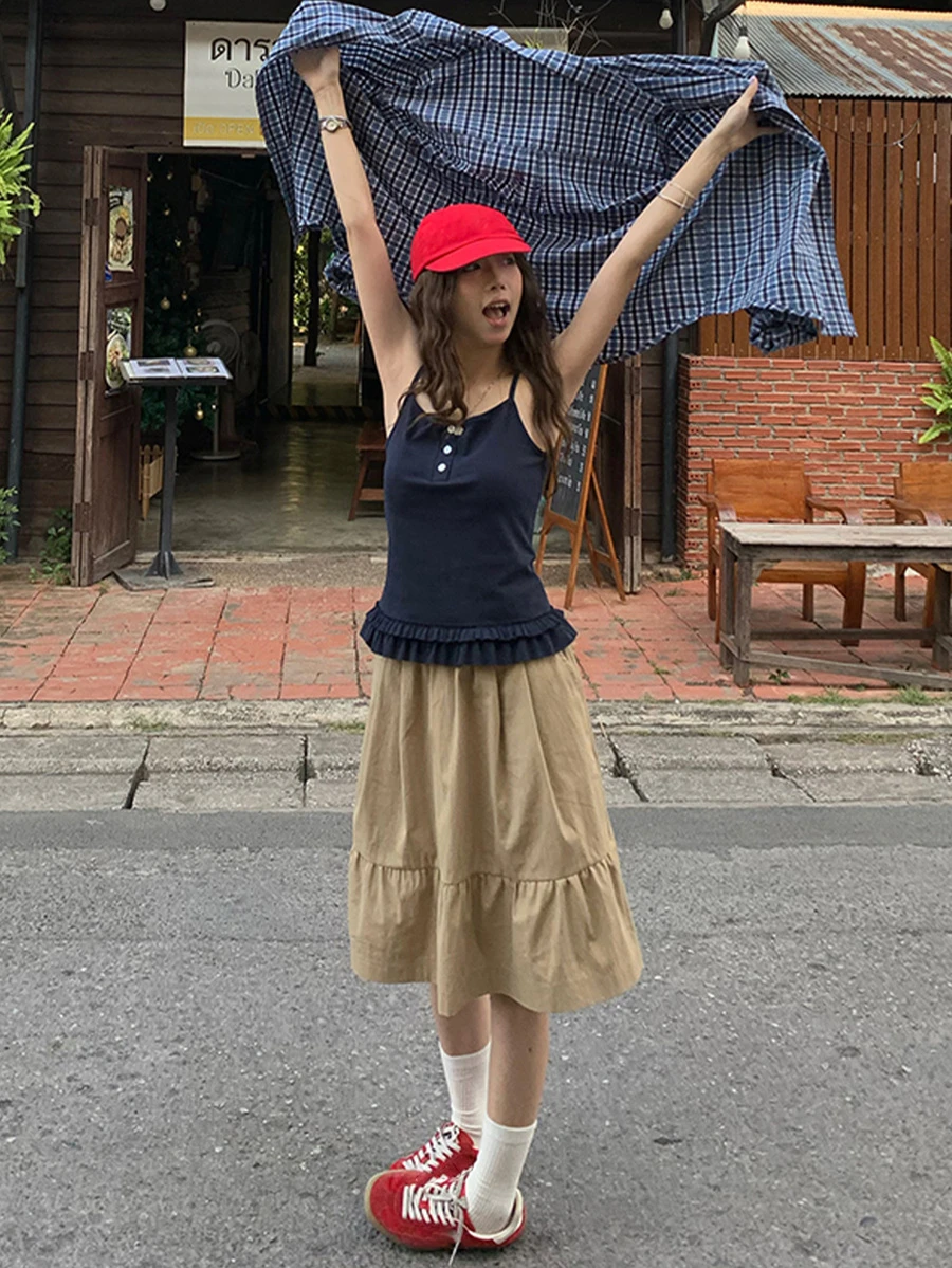 日式休闲松紧腰迷你裙，女款百搭宽松运动裙，2025年春夏季 - 卡其色 - 查看 1