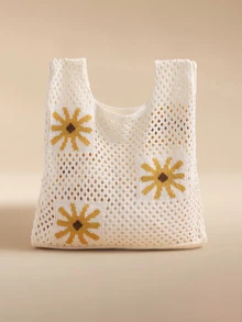 Glizzene Minimalist Hollow Design Crochet Knitted Tote Bag, Large Capacity Portable Vacation Bag, Suitable For Working Women, Students, High School, College - Multicolor - View 3