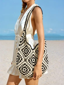 Trivaya Women's Knitted Hollow Out Colorblock Large Capacity Tote Bag, Fashion Beach Resort Handbag, Summer Outfits - View 2