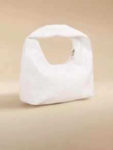 Glizzene Túi xách mini thời trang dệt hình lưỡi liềm, Túi đeo chéo vai cỡ lớn màu trơn họa tiết dệt nổi, Túi đi làm đa năng, Túi tote, Túi baguette dành cho nữ - trắng - Xem 2