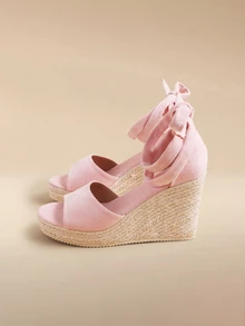 Glizzene Giày sandal đế xuồng cao gót kiểu Bohemian quai ngang, hở mũi, chống thấm nước, màu hồng, thích hợp cho trang phục xuân hè. - Hồng - Xem 4