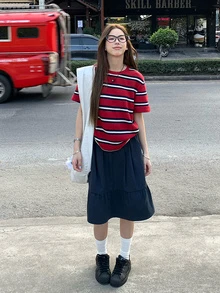 日式松紧腰休闲迷你裙，百搭宽松运动裙，2025 年春夏 - 藏蓝色 - 查看 1