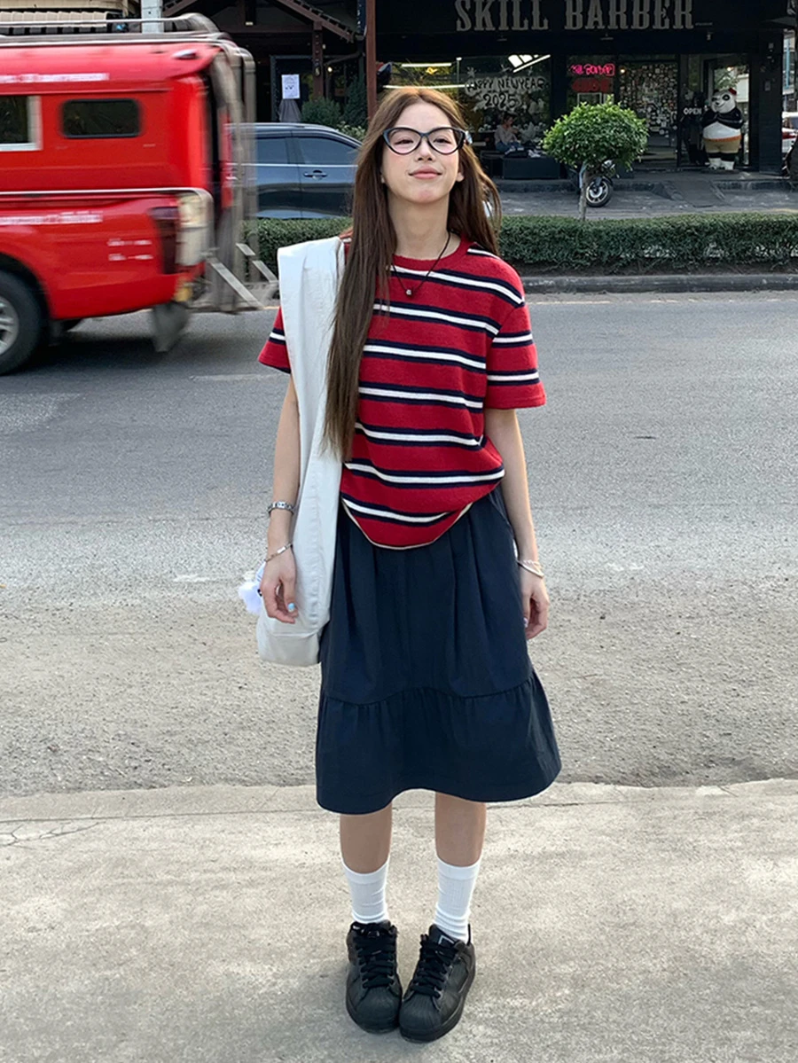 日式松紧腰休闲迷你裙,百搭宽松运动裙,2025 年春夏 - 藏蓝色 - 查看 1