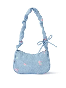 Trivaya 1 buah Tas Bahu Kecil Unik Musim Panas Baru, Modis, Serbaguna, Kasual, dengan Resleting Halus, Motif Bunga, Bahan Nilon Biru Muda, Cocok untuk Penggunaan Sehari-hari Wanita - Biru - View 2
