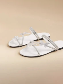 Glizzene Colorful Crystal Bow Tie Dual Wear Women Sandals, Slip-On Slide Flats Suitable For Outdoor, Party, Casual, French Fashion Style, Silver,Spring Summer Outfits - White - View 5