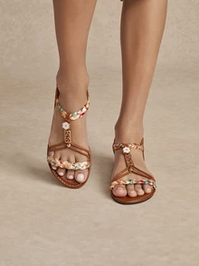 Tropiscape Sandal Manik-Manik Retro Wanita, Sandal Kasual Anyaman Datar untuk Luar Ruangan, Gaya Cottagecore, Pakaian Musim Panas - Karamel - View 4