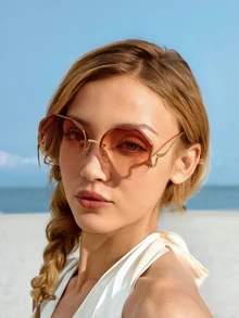 Trivaya 1 Pair Women's Frameless Round Gradient Lens Glasses, Thin Metal Temples, Edged Design, Fashion Eyewear, Beach Accessory, Basic Women's Glasses, Suitable For Autumn/Winter Outfits, Business Casual, Summer Beach Vacation & Outdoor Travel Ideal Gift - Multicolor - View 1