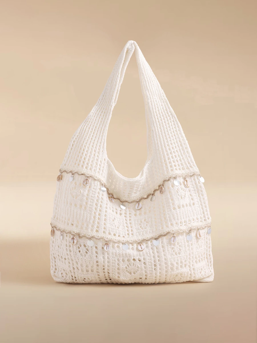 Glizzene Ce sac fourre-tout de plage en crochet tressé pour dames, idéal pour les vacances d'été, présente un design ajouré. Il a une grande capacité, est pliable avec un cordon coulissant. C'est un choix idéal pour les voyages à la plage et les escapades romantiques. Il a également une fonction anti-sable, convenant pour les courses quotidiennes et l'utilisation comme sac à dos. Très adapté aux activités de plein air, aux voyages, ainsi qu'aux étudiants de première, deuxième et terminale retournant à l'école. - Beige - Voir 1