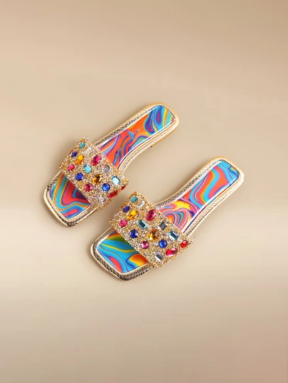 Glizzene Summer Colorful Rhinestone Decorated Women Flat Sandals, Comfortable Casual Open Toe Slides, Shoes Suitable For Outdoor, Beach, Party