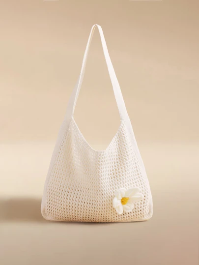 Glizzene 1pc, 2025 Spring/Summer New Arrival, Large Capacity Woven Bag, Simple & Chic Countryside Style, Beach Tote, Hollow-Out Design, Woven Floral Decor, Versatile For Daily Use, Commute, Shopping, Date, Women's Shoulder Bag