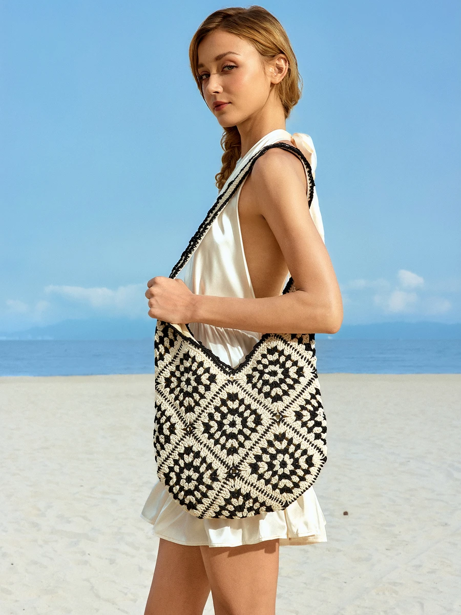 Trivaya Women's Knitted Hollow Out Colorblock Large Capacity Tote Bag, Fashion Beach Resort Handbag, Summer Outfits - View 1
