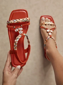 Tropiscape Women's Beaded Roman Bohemian Style Orange Flat Sandals For Beach Holiday,Boho Style,Spring Summer Outfits Cottagecore,SummerOutfit - Orange - View 5