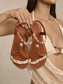 Tropiscape Sandal Manik-Manik Retro Wanita, Sandal Kasual Anyaman Datar untuk Luar Ruangan, Gaya Cottagecore, Pakaian Musim Panas - Karamel - View 5
