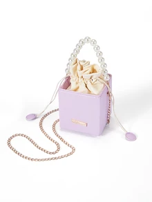 Mini Ruched Drawstring Box Pouch, Fashionable Drawstring Closure Handbag , Purple - Purple - View 4