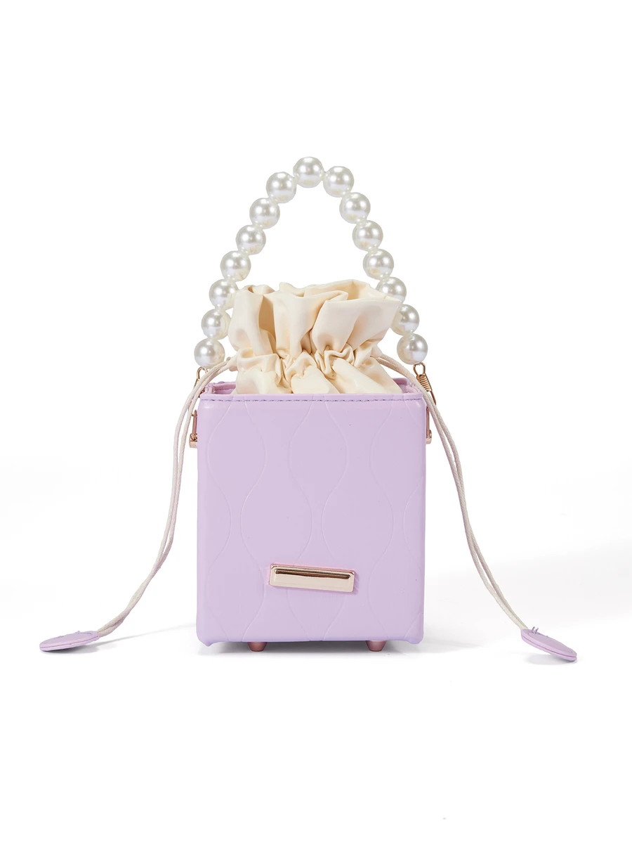 Mini Ruched Drawstring Box Pouch, Fashionable Drawstring Closure Handbag , Purple - Purple - View 1
