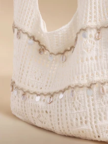 Glizzene Ce sac fourre-tout de plage en crochet tressé pour dames, idéal pour les vacances d'été, présente un design ajouré. Il a une grande capacité, est pliable avec un cordon coulissant. C'est un choix idéal pour les voyages à la plage et les escapades romantiques. Il a également une fonction anti-sable, convenant pour les courses quotidiennes et l'utilisation comme sac à dos. Très adapté aux activités de plein air, aux voyages, ainsi qu'aux étudiants de première, deuxième et terminale retournant à l'école. - Beige - Voir 5