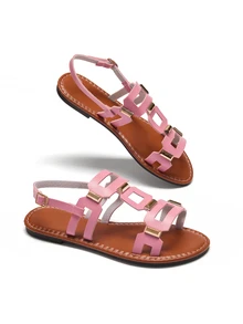 Trivaya Sandalias planas con hebilla cuadrada decorativa para mujer, sandalias de playa de verano - Rosa - Ver 4