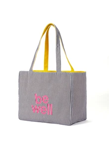 Trivaya This Fashionable Classic Clown Colorblock Striped Design Handbag Has A Large Capacity, Is Lightweight And Easy To Carry, With Letter Graphics On Both Sides. Shoulder Tote Bag, Suitable For Travel And Shopping. - Black - View 3