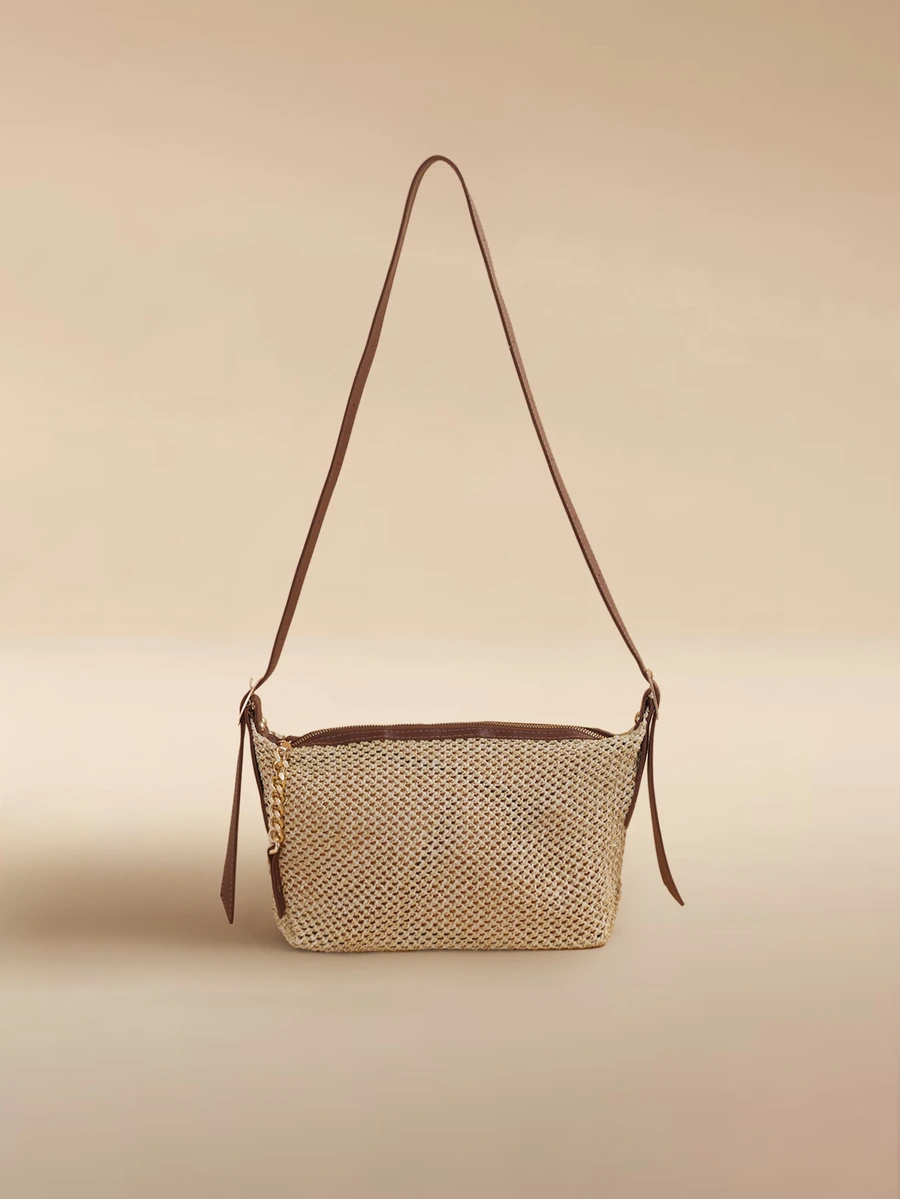 Glizzene Túi vải dệt Khaki thời trang mùa hè, đơn giản & cổ điển có dây đeo xích & khóa kéo, túi đeo vai/túi đeo chéo, vật dụng thiết yếu cho ngày lễ, hoàn hảo cho du lịch, nghỉ dưỡng, ngày lễ & bãi biển - Màu Khaki - Xem 1
