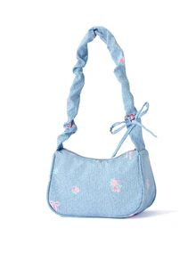 Trivaya 1 buah Tas Bahu Kecil Unik Musim Panas Baru, Modis, Serbaguna, Kasual, dengan Resleting Halus, Motif Bunga, Bahan Nilon Biru Muda, Cocok untuk Penggunaan Sehari-hari Wanita - Biru - View 3