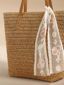 Glizzene 1 chiếc túi tote giấy dệt cỡ lớn thời trang mùa hè, kiểu dáng giản dị, trang trí nơ, có khóa kéo, thích hợp cho nữ đi nghỉ mát, dạo chơi, mua sắm và sử dụng hàng ngày. - Màu Khaki - Xem 5