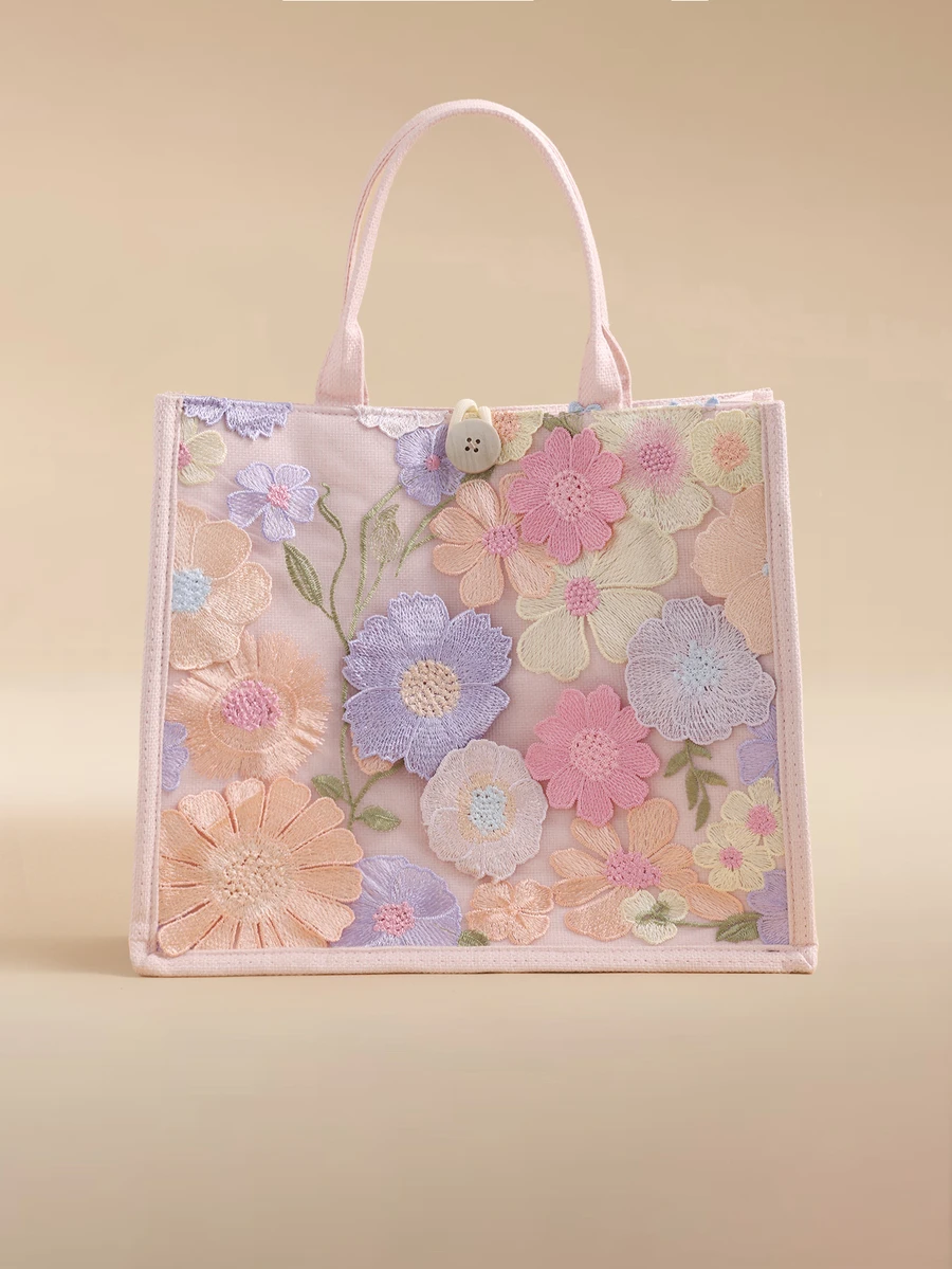 Glizzene 1 buah Tas Tote Linen Patchwork Jala Payet Warna-warni, Desain Bordir Bunga & Daun Modis, Tas Bahu Persegi Kapasitas Besar, Tas Belanja Liburan Pantai Kasual (Pola Bunga Didistribusikan Secara Acak), Tas Pantai, Pakaian Musim Panas - Berwarna merah muda - View 1