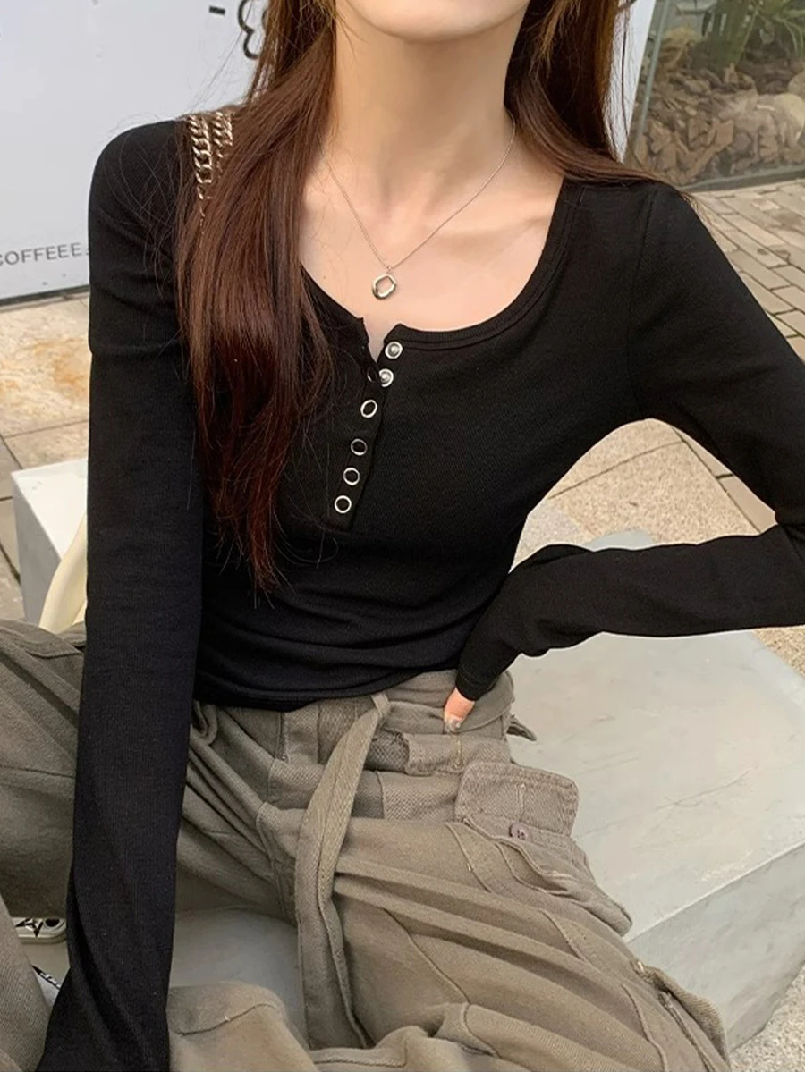 女士纯色针织衬衫上衣,秋季休闲黑色春季款 - 黑色 - 查看 1