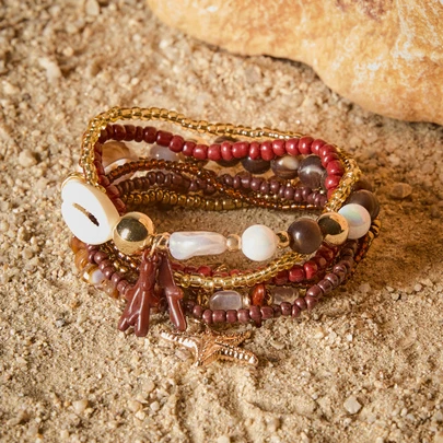 2 Piece Set Of Ocean Elements Bracelet, Including Coral, Starfish, Shell & More Elements, Fashionable Jewelry For Summer Vacation, Travel & Holiday Cottagecore,SummerOutfit