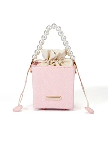 Mini Embossed Crocodile Skin Drawstring Acrylic Box, Fashion Drawstring Closure Pearl Handbag, Pearl Bag - Pink - View 1