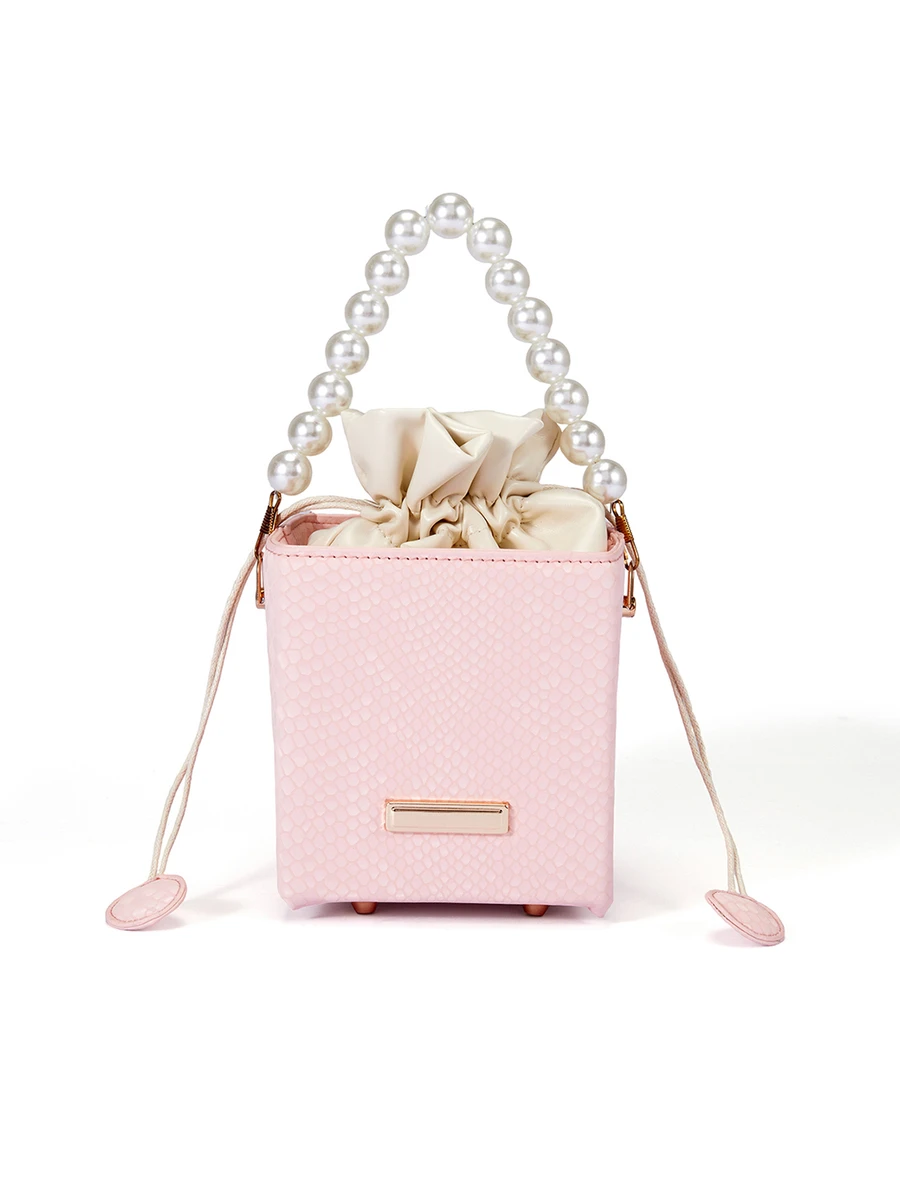 Mini Embossed Crocodile Skin Drawstring Acrylic Box, Fashion Drawstring Closure Pearl Handbag, Pearl Bag - Pink - View 1